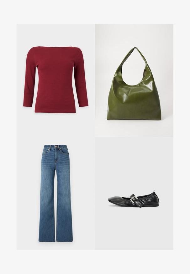 Haut à manches longues côtelé rouge foncé uni avec un large col bateau et une silhouette ajustée sur fond gris clair.; Jean taille haute bleu moyen avec jambes larges, fermeture avant par boutons et zip, style cinq poches.; Chaussure plate en cuir noir avec un nez pointu, des détails froncés autour de l'ouverture et un accent en boucle argentée sur la bride ajustable.; Sac hobo en cuir vert au design décontracté, avec une poignée incurvée et une texture lisse. Ne contient aucun matériel ou accent visible.