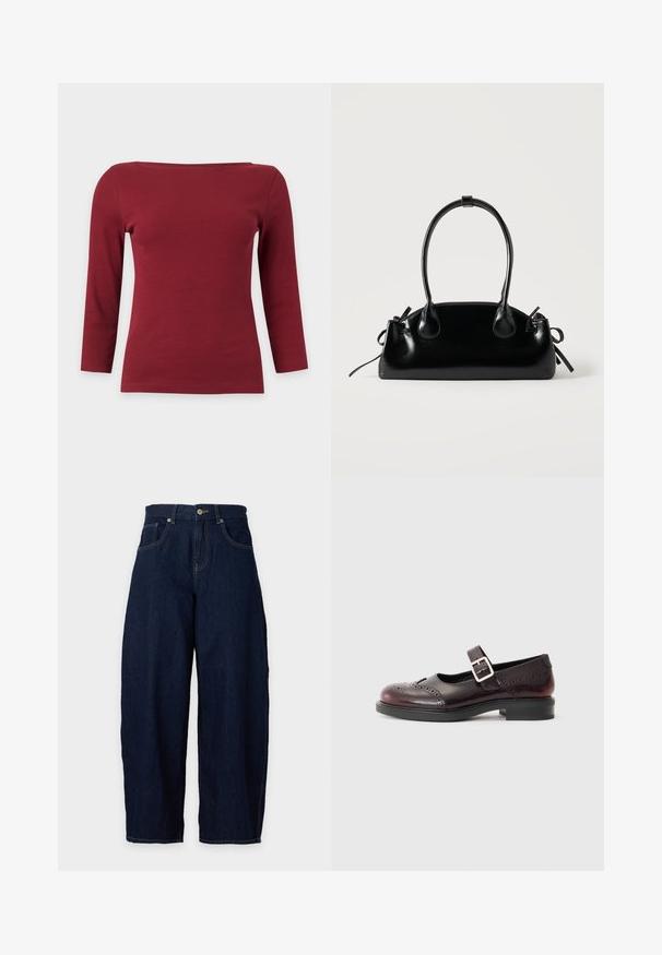 Schlichtes dunkelrotes, geripptes Langarmtop mit weitem U-Boot-Ausschnitt und figurbetonter Silhouette auf hellgrauem Hintergrund.; Dunkelblaue Jeans mit weitem Bein, mit vorderer Knopf- und Reißverschluss, Gürtelschlaufen und Vordertaschen vor hellem Hintergrund.; Mary-Jane-Schuhe aus dunkelburgunderfarbenem Lackleder, mit gestanzten Details und einem geschnallten Riemen. Niedriger Blockabsatz, runde Zehenform.; Kleine schwarze glänzende Handtasche mit zwei langen Griffen und seitlichen Kordelzug-Details vor einfachem hellem Hintergrund.