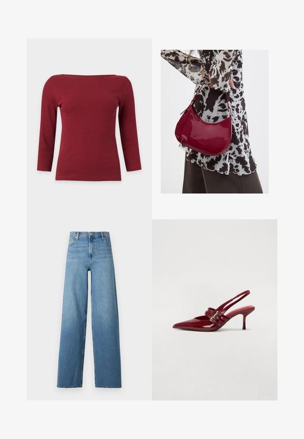 Enkelt mørkerødt ribstrikket top med lange ærmer, bred bådudskæring og tætsiddende silhuet på lysegrå baggrund.; Blå denimjeans med høj talje og vide ben, frontknap og lynlås, samt klassisk design med fem lommer.; Røde patenteret læder slingback hæle med spids tå, to spændebånd og en slank, mellemhøj stiletto hæl. Glat tekstur.; Kvinde iført en sort- og hvidmønstret bluse, der holder en blank rød skuldertaske mod en ensfarvet baggrund.