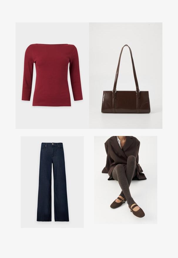 Enkelt mørkerødt ribstrikket top med lange ærmer, bred bådudskæring og tætsiddende silhuet på lysegrå baggrund.; Mørkeblå vidde jeans i denim med frontknap, bæltestropper og fem-lomme design på en ensfarvet baggrund.; Brune ribbede knæhøje sokker parret med brune ruskinds Mary Jane sko med en dekorativ rem og spænde, båret med en mørk frakke.; Brun lakeret håndtaske med rektangulær form, to lange håndtag og subtile buede detaljer på fronten.