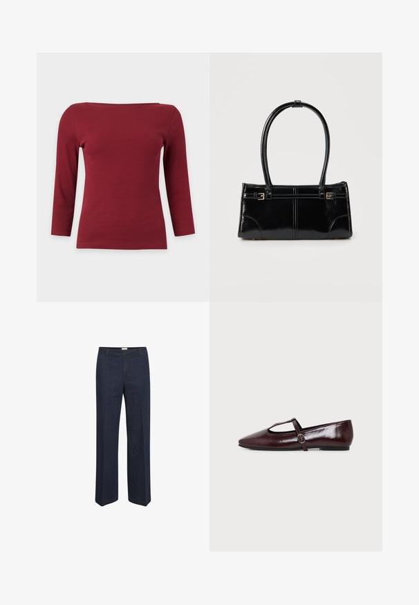 Effen donkerrood geribd top met lange mouwen, een brede boothals en een aansluitend silhouet op een lichtgrijze achtergrond.; Donkerblauwe, wijde jeans met een klassieke tailleband en voorzakken, ontworpen voor een comfortabele pasvorm en veelzijdige stijl.; Donker bordeauxrode leren platte schoen met een puntige neus en een dunne T-strap met een zilveren gesp op een witte achtergrond.; Glanzend zwart rechthoekig handtasje met twee dunne schouderbanden en kleine gouden gespsdetails aan de voorkant.