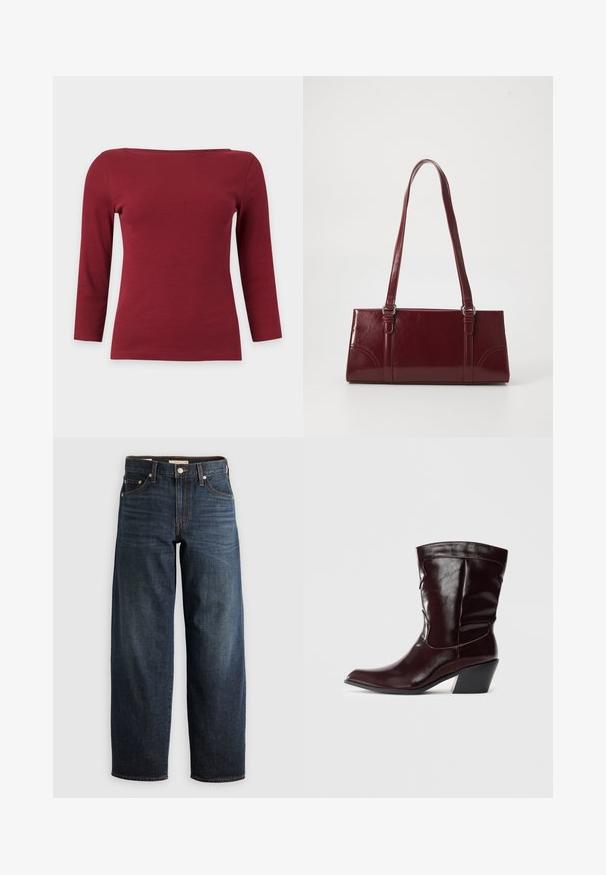 Enkelt mørkerødt ribstrikket top med lange ærmer, bred bådudskæring og tætsiddende silhuet på lysegrå baggrund.; Mørkeblå denimjeans med lige ben, fem lomme-stil og kontrastsyninger samt knappelukning.; Bordeaux læder ankelstøvler med spids tå, tekstureret overflade og en lav, taperet hæl. Har diskrete søm og en tætsiddende pasform.; Bordeaux håndtaske lavet af glansfuldt materiale, rektangulær form, med to skulderremme og subtile buede detaljer på forsiden.