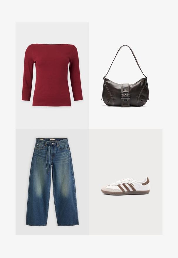 Effen donkerrood geribd top met lange mouwen, een brede boothals en een aansluitend silhouet op een lichtgrijze achtergrond.; Denim wide-leg jeans in donkerblauw met een vervaagd ontwerp, voorzien van een trekkoord in de taille en vijf zakken.; Witte Adidas Samba sneaker met bruine suède strepen, bruine rubberen zool en beige suède neuskap, getoond vanaf de buitenkant op een effen achtergrond.; Bruine leren schoudertas met een gebogen vorm, voorzien van een opvallende gespdetail, contrasterende stiksels en een enkele schouderband.