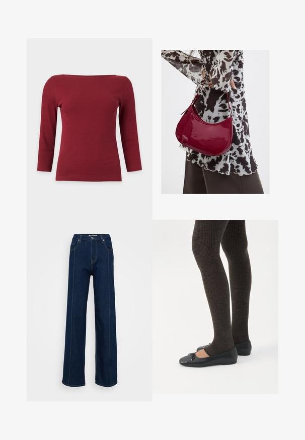Top liso rojo oscuro acanalado de manga larga con un escote barco ancho y una silueta ajustada sobre un fondo gris claro.; Jeans de tiro alto y pierna ancha de color azul oscuro, con bolsillos frontales, passantes para cinturón y costuras de contraste sobre un fondo claro.; Piernas con leggings oscuros acanalados combinados con bailarinas negras que presentan pequeños detalles de lazo sobre un fondo blanco.; Mujer con blusa de estampado en blanco y negro sosteniendo un bolso de hombro rojo brillante sobre un fondo liso.