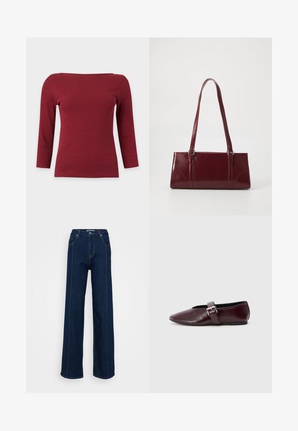 Top liso rojo oscuro acanalado de manga larga con un escote barco ancho y una silueta ajustada sobre un fondo gris claro.; Jeans de tiro alto y pierna ancha de color azul oscuro, con bolsillos frontales, passantes para cinturón y costuras de contraste sobre un fondo claro.; Bailarinas de cuero burdeos con punta afilada, suela plana y una correa decorativa con hebilla a lo largo del empeine. Textura suave y brillante.; Bolso burdeos hecho de material brillante, de forma rectangular, con dos asas para el hombro y sutiles acentos curvados en la parte frontal.