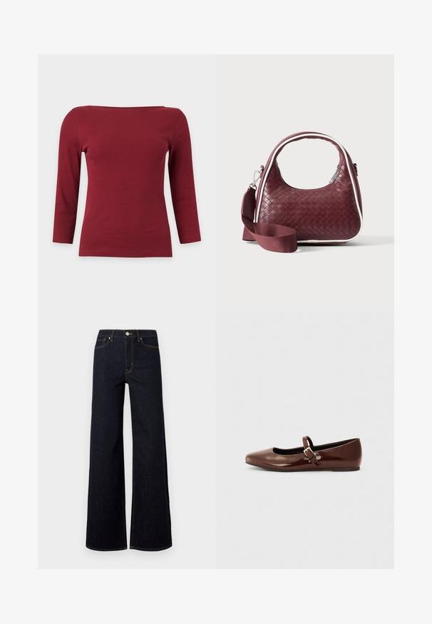 Effen donkerrood geribd top met lange mouwen, een brede boothals en een aansluitend silhouet op een lichtgrijze achtergrond.; Donkerblauwe wijde jeans van denim, met een hoge taille, contrasterende stiksels en een enkele metalen knoop aan de voorkant.; Bruine gepatineerde leren balletschoen met een vierkante neus en een bandje met een kleine gouden gesp. Gladde textuur, lage hak en minimalistisch ontwerp.; Donkerrode geweven leren handtas met gebogen handvat, witte bies, zilveren rits en afneembare brede stoffen schouderriem tegen een effen achtergrond.