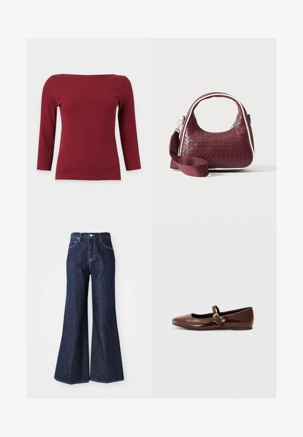 Effen donkerrood geribd top met lange mouwen, een brede boothals en een aansluitend silhouet op een lichtgrijze achtergrond.; Donker denim flared jeans met een hoge taille, voorzien van een knoop- en ritssluiting. Witte stiksels en brede pijpen creëren een gestructureerd silhouet.; Bruine gepatineerde leren balletschoen met een vierkante neus en een bandje met een kleine gouden gesp. Gladde textuur, lage hak en minimalistisch ontwerp.; Donkerrode geweven leren handtas met gebogen handvat, witte bies, zilveren rits en afneembare brede stoffen schouderriem tegen een effen achtergrond.