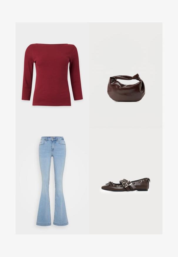 Schlichtes dunkelrotes, geripptes Langarmtop mit weitem U-Boot-Ausschnitt und figurbetonter Silhouette auf hellgrauem Hintergrund.; Hellblaue Schlagjeans aus Denim, mit hoher Taille, fünf Taschen und kontrastierenden Nähten entlang der Säume.; Dunkelbrauner flacher Lederschuh mit spitzer Spitze, doppelten silbernen Schnallenriemen, Metallösen und dekorativer Schleife vorne.; Dunkelbraune Lederschultertasche mit weicher, lockerer Form und einem gedrehten Knotengriff vor schlichtem weißem Hintergrund.