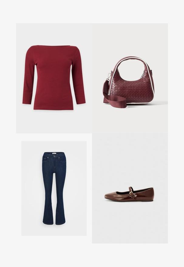 Enkelt mørkerødt ribstrikket top med lange ærmer, bred bådudskæring og tætsiddende silhuet på lysegrå baggrund.; Mørkeblå denim flared jeans med et klassisk fem-lomme design, metal knaplukning og syninger på lommerne.; Brun patentlæder balletflade med firkantet tå og strop med en lille guldbuckle. Glat tekstur, lav hæl og minimalistisk design.; Mørkerød vævet lædertaske med buet hank, hvid kant, sølv lynlås og aftagelig bred stofskulderrem mod en ensfarvet baggrund.