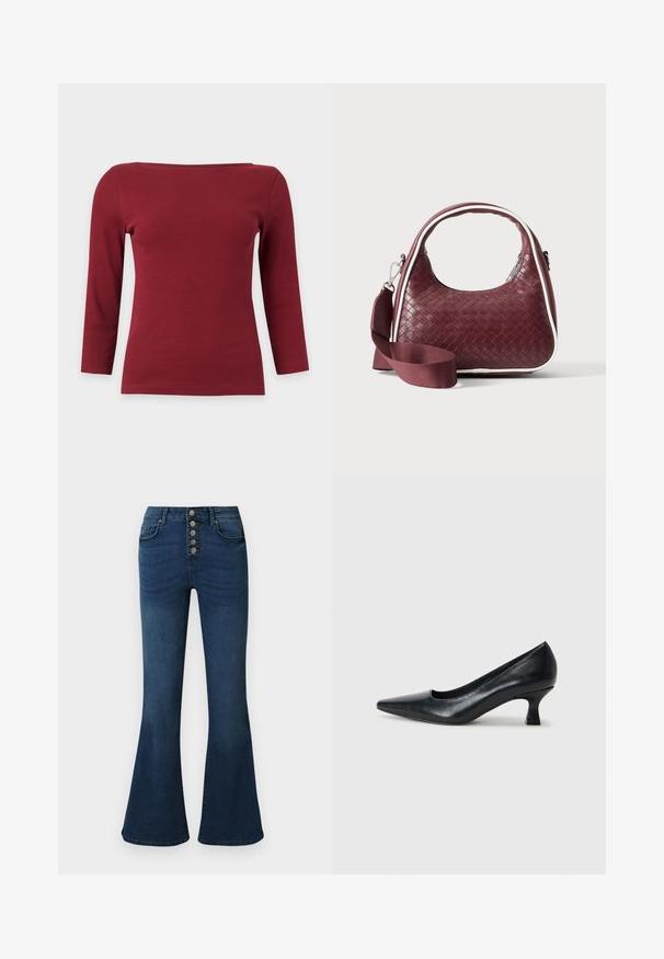 Haut à manches longues côtelé rouge foncé uni avec un large col bateau et une silhouette ajustée sur fond gris clair.; Jeans évasés en denim bleu foncé avec une taille haute et une fermeture à cinq boutons sur le devant. Texture lisse avec un léger délavage et des détails de couture subtils.; Pompe en cuir noir avec un bout pointu et un petit talon carré. Texture lisse, lignes épurées, design simple sans motifs ni ornements visibles.; Sac à main en cuir tressé marron foncé avec poignée courbée, garniture blanche, fermeture éclair argentée et bandoulière large en tissu amovible sur fond uni.