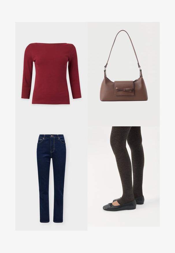Haut à manches longues côtelé rouge foncé uni avec un large col bateau et une silhouette ajustée sur fond gris clair.; Jean droit bleu foncé avec poches avant, passants de ceinture et fermeture par bouton, présenté sur un fond clair uni.; Jambes portant des leggings côtelés foncés associés à des ballerines noires avec de petits détails en nœud sur fond blanc.; Sac à bandoulière en cuir marron avec une poche à rabat avant ornée d'un détail en forme de nœud cousu et une sangle réglable.