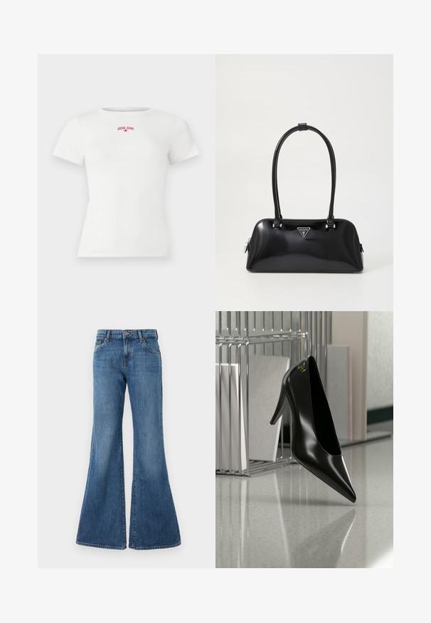 Biele krátke rukávy pruhované tričko s malým červeným nápisom "GUESS JEANS" a hviezdičkovým logom umiestneným uprostred blízko výstrihu.; Rozšírené džínsy v stredne modrej farbe s klasickým piatimi vreckami, pútkami na opasok a zapínaním na gombík. Hladká textúra s jemným vyblednutím.; Čierna lodička na vysokom opätku so špicatou špičkou a zlatým logom, umiestnená na lesklej ploche vedľa chrómového drôteného organizéra na dokumenty.; Čierna lesklá kabelka s zakriveným siluetou, dvoma uchami a prednou nášivkou s logom. Zipsové uzatváranie a lesklé hardvérové akcenty.