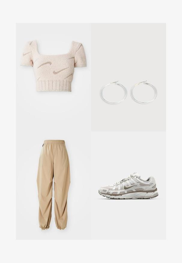 Kortærmet cropped top i blød, tekstureret stof. Lys pink farve med brune, bølgete mønstre. Fyrkantet udskæring og ribbet kant.; Beige letvægtsbukser med elastisk talje, tapered manchetter og en glat tekstur, der har en afslappet pasform og ingen synlige mønstre eller udsmykninger.; Hvid atletisk sko med mesh-overdel, lysebrune detaljer og en polstret sål. Har snørrelukning og tekst på siden.; Par skinnende sølvøreringe med tynde trådlåse, vist på en lys grå baggrund.