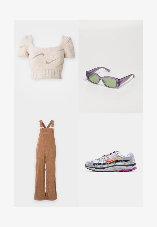 Korte mouwen, cropped top in zachte, gestructureerde stof. Lichtroze kleur met bruine, golfachtige patronen. Vierkante halslijn en ribbelzoom.; Bruine corduroy salopettes met brede pijpen, verstelbare bandjes en een voorkant vak. Zachte textuur met een verticale ribbelpatroon.; Grijze mesh hardloopschoen met een opvallende roze en gele swoosh, zwarte accenten en een gestructureerde rubberen zool. Kenmerkt zich door een verstevigde neus en een gevoerde kraag.; Paarse plastic zonnebril met rechthoekige groene lenzen. Het montuur heeft een glanzende afwerking en gouden "Vogue" branding aan de zijkanten.