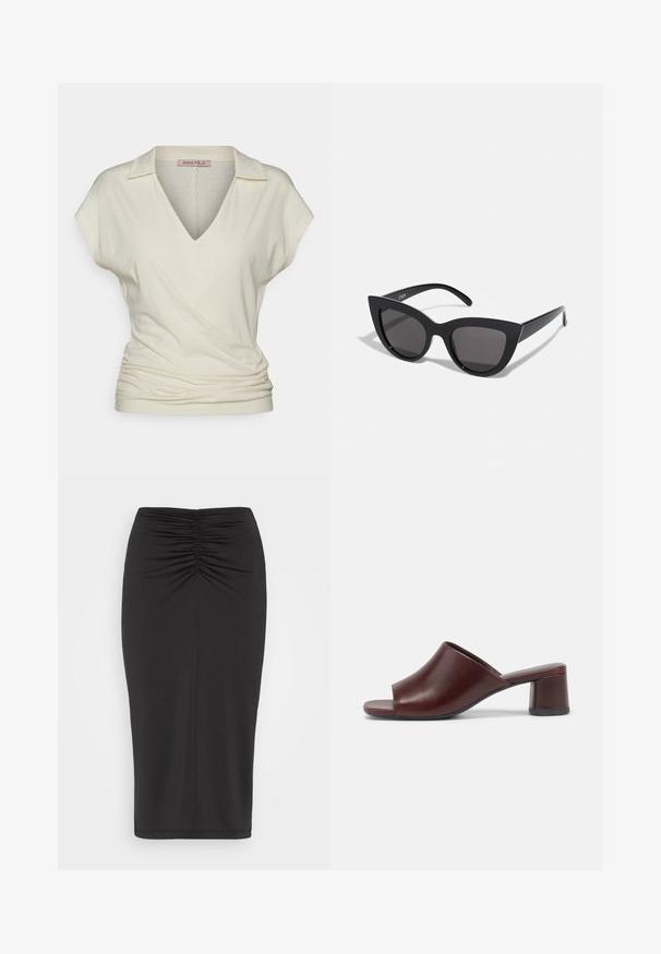 Anna Field WRAP BLOUSE - Bluse - offwhite; Anna Field Bleistiftrock - black; Dunkelburgunderfarbene, offene Sandalen aus glattem Leder mit einem abgerundeten Design und einem stabilen Blockabsatz. Seitliche Ansicht gezeigt.; Schwarze Cat-Eye-Sonnenbrille mit matter Oberfläche, grauen getönten Gläsern, scharfen Kanten und schlanken Bügeln. Der Markenname ist auf dem inneren Bügel sichtbar.