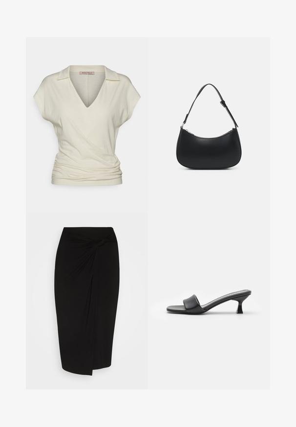 Anna Field by Zalando WRAP BLOUSE - Bluse - offwhite; Sort knælang nederdel i et blødt, strækbart stof, med en snoet knude detalje i taljen og en slank, tætsiddende silhuet.; Sorte hæle mules med en glat, mat læderoverdel, åben tå, bred rem over vristen og slank, firkantet hæl.; Pieces PCALUANA SHOULDER BAG - Håndtasker - black