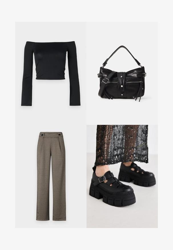 Zwarte cropped top met lange, aangesloten mouwen en een off-the-shoulder halslijn, gemaakt van zachte, gladde stof. Eenvoudig en aansluitend ontwerp.; Bruine broek met checkpatroon en hoge taille, voorzien van zijplooien en zwarte knoopaccenten. Gemaakt van een geweven stof met textuur.; Zwarte platform sandalen met een chunky ontwerp, voorzien van brede banden en een zijgesp. Gemaakt van textuur rubber met een logo-detail.; Even&Odd by Zalando H24462 - Handtas - black