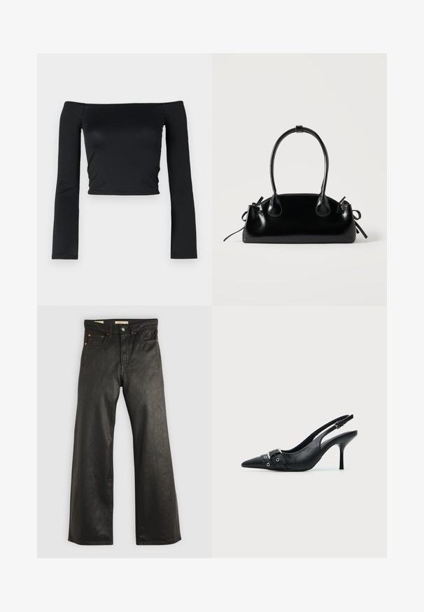Zwarte cropped top met lange, aangesloten mouwen en een off-the-shoulder halslijn, gemaakt van zachte, gladde stof. Eenvoudig en aansluitend ontwerp.; Zwarte denim wijd-uitlopende broek met een gladde textuur, voorzien van vijf zakken en details met koperen hardware. Klassieke knoopsluiting.; Zwarte leren pumps met hoge hak en slingback, met een puntige neus en een gesp- en oogjesriem detail aan de voorkant.; Kleine zwarte glanzende handtas met twee lange hengsels en zijkant trekkoord details op een effen lichte achtergrond.