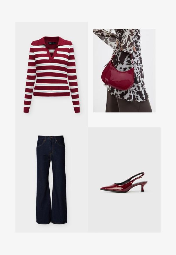 Pull à manches longues en tricot côtelé avec des rayures horizontales bordeaux, blanches et bleu clair et un col en V profond.; Pantalon en denim bleu foncé avec une taille haute, coupe à jambes larges, poches avant, fermeture par bouton et fermeture éclair.; Escarpins à talons aiguilles en cuir verni bordeaux, avec un bout pointu et un élégant talon stiletto. Design à dos ouvert avec une sangle à la cheville réglable.; Femme portant un chemisier à motif noir et blanc tenant un sac à main rouge brillant sur un fond uni.
