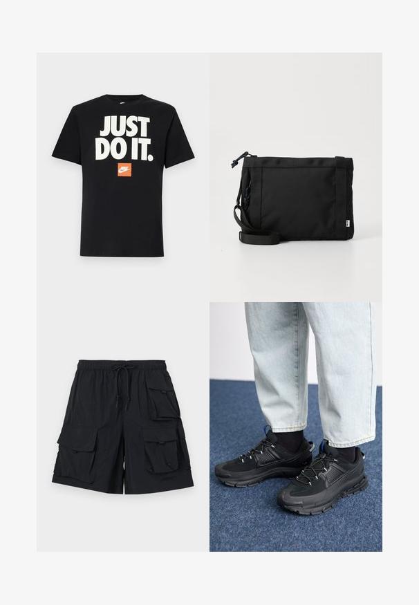 Schwarzes Baumwoll-T-Shirt mit kurzen Ärmeln. Mit großem weißen Text "JUST DO IT." über einem kleinen orangen Nike-Logo. Standard Rundhalsausschnitt.; Schwarze Cargo-Shorts aus leichtem Stoff, mit mehreren großen Taschen, einem elastischen Bund mit Kordelzug und einer glatten Textur.; Schwarze Sportschuhe aus strukturiertem Stoff mit Gummisohlen, ausgestattet mit elastischen Schnürsenkeln und einem blauen Akzent an der Ferse. Getragen mit hellen Jeans.; Schwarze Stoff-Schultertasche mit texturiertem Äußeren, verstellbarem Schultergurt und Kordelzugverschluss. Verfügt über auffällige Nähte und ein seitliches Etikett.
