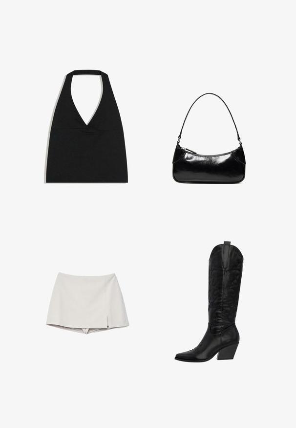 Sort halterneck crop top med dyb V-udskæring og bred nakkestrop mod en hvid baggrund.; Beige skort med høj talje og en lille frontslids på højre side, ser ud som en nederdel med korte bukser under.; Sort læder cowboystøvle med spids tå, høj skaft, dekorativ syning og en kraftig hæl. Glat tekstur med en subtil glans.; Sort, blank skuldertaske i læder med et enkelt rum med lynlås og en tynd rem buet i en bueform.