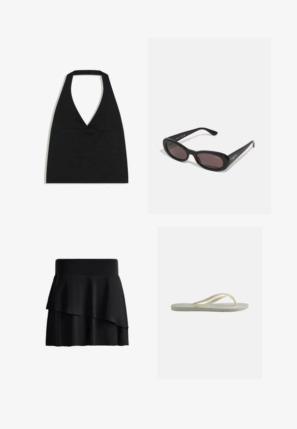 Čierny crop top s halter výstrihom do V s hlbokým výstrihom a širokým remienkom na krku na bielom pozadí.; Čierna minisukňa so širokým pásom a asymetrickým vrstveným volánovým detailom, zobrazená na bielom pozadí.; Jedna svetlo krémová gumová žabky s tenkými remienkami a textúrovanou podrážkou zobrazená z bočnej strany na jednoduchom pozadí.; Čierne slnečné okuliare s ovalnými rámami, tmavými sklíčkami a nápisom "vogue" vytlačeným bielou farbou na vonkajších ramenách. Hladký plastový materiál.