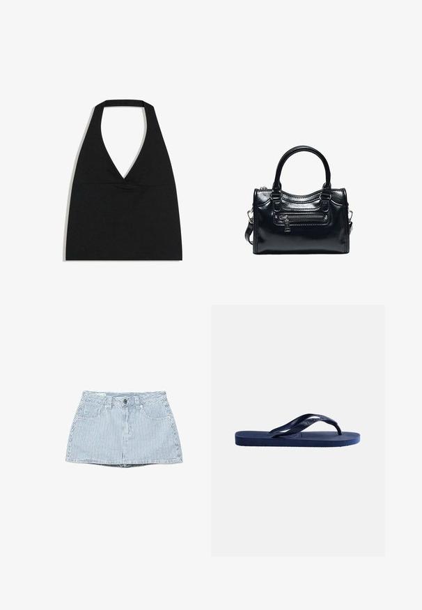 Schwarzes bauchfreies Top mit Neckholder und tiefem V-Ausschnitt sowie breitem Nackenriemen vor weißem Hintergrund.; Blau-weiß gestreifter Jeans-Minirock mit vertikalen Streifen, Gürtelschlaufen, Vorderknopfleiste, Reißverschluss und zwei Vordertaschen.; Dunkelblaue Gummi-Zehensandale mit strukturierter Sohle und Y-förmigem Riemen auf schlichtem hellem Hintergrund.; Schwarze glänzende Lederhandtasche mit zwei Griffen, vorderer Reißverschlusstasche und abnehmbarem Schulterriemen auf weißem Hintergrund.
