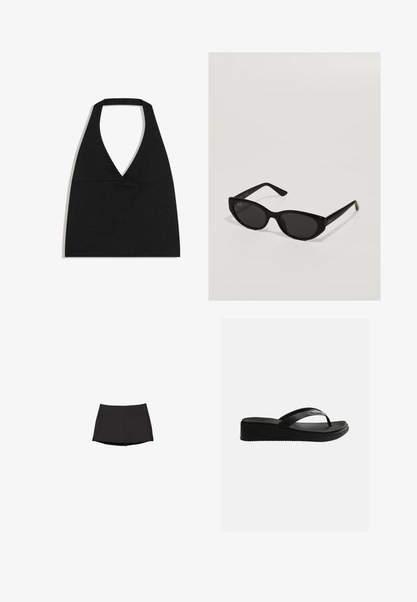 Čierny crop top s halter výstrihom do V s hlbokým výstrihom a širokým remienkom na krku na bielom pozadí.; Čierny atletický skort s priliehavým pásom a krátkym lemom, navrhnutý na aktívne nosenie s hladkou, elastickou látkou.; Čierna klinová žabková sandále s textúrovanou stielkou a tenkými remienkami s jemným logom na jednofarebnom bielom pozadí.; Čierne slnečné okuliare s úzkym, mačacím tvarom. Vyrobené z hladkého plastu, s tmavými sklami a jemnými logo akcentami na spánkoch.