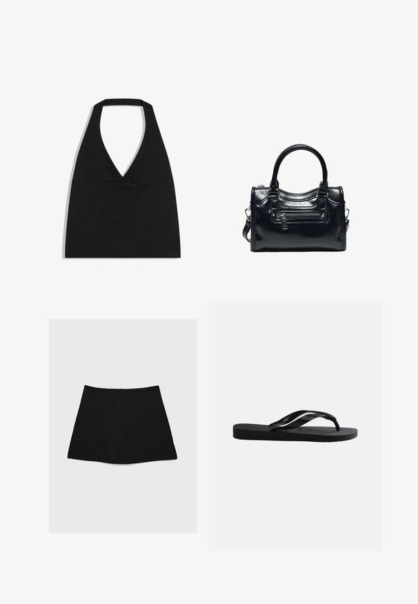 Haut court noir à col licou avec un profond décolleté en V et une large bretelle autour du cou sur fond blanc.; Jupe mini noire avec une texture lisse, en forme de A et à ourlet courbé. Elle possède une fermeture éclair au dos, sans motifs ni accents supplémentaires.; Tongs en caoutchouc noir avec semelle texturée et bride en Y lisse sur un fond clair uni.; Sac à main en cuir noir brillant avec deux poignées, poche avant zippée et bandoulière amovible sur fond blanc.