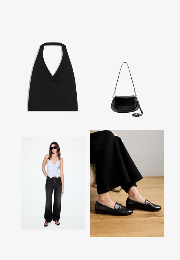 Sort halterneck crop top med dyb V-udskæring og bred nakkestrop mod en hvid baggrund.; Kvinde iført sorte solbriller, ærmeløs hvid top med lynlås, løse sorte jeans og sorte klipklappere, stående mod hvid baggrund.; Sorte læder loafers med firkantet tå og lille hæl, der har en dekorativ hardware i guldfarve på oversiden.; Sort læder skuldertaske med klaplukning, aftagelig lang rem snoet ved bunden, og hardware i sølvfarve på en hvid baggrund.