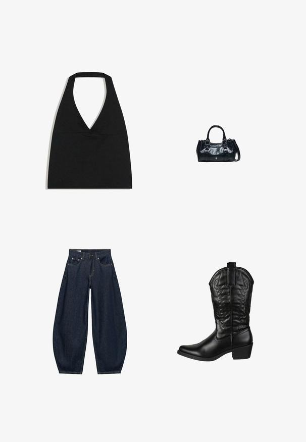 Sort halterneck crop top med dyb V-udskæring og bred nakkestrop mod en hvid baggrund.; Mørkeblå vidde jeans med frontlommer, bæltestropper og knaplukning i taljen.; Elara Cowboy- / bikerstøvler - schwarz; Sort læderhåndtaske med to top håndtag, dekorative spænder og en aftagelig skulderrem på hvid baggrund.