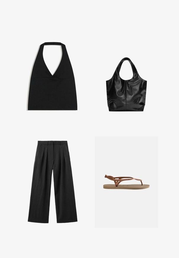 Čierny crop top s halter výstrihom do V s hlbokým výstrihom a širokým remienkom na krku na bielom pozadí.; Čierne široké nohavice s prednými záhybmi, pútkami na opasok a vysokým pásom, zobrazené na bielom pozadí.; Ploché sandále s béžovou podrážkou a kovovými ružovo-zlatými pletenými remienkami, vybavené prstovým remienkom a remienkom na päte pre bezpečné uchytenie.; Čierna kožená taška s hladkým povrchom, mäkkým zaobleným vrchom a širokými rúčkami. Obsahuje minimálne švy a voľný siluetu.