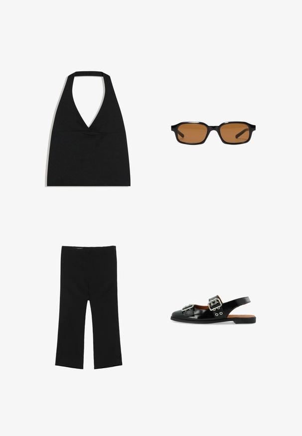Sort halterneck crop top med dyb V-udskæring og bred nakkestrop mod en hvid baggrund.; Sorte bukser med mellemhøj talje og lige ben, med sidelukning og lille slids ved kanten, lavet af glat stof.; Sorte patentlæder slingback sko med to sølvspænder, flad sål og dekorative øjer på siden for ekstra detaljer.; Sorte rektangulære solbriller med tykke stel og brune tonede linser, vist forfra på en hvid baggrund.
