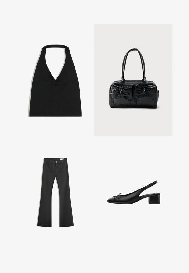 Haut court noir à col licou avec un profond décolleté en V et une large bretelle autour du cou sur fond blanc.; Jean noir évasé en denim avec une texture lisse, comportant deux poches arrière et une fermeture boutonnée à la taille.; Chaussure slingback en cuir noir avec petit talon carré et petit détail de nœud sur l'orteil pointu, vue de côté sur fond blanc.; Sac à main en cuir noir avec deux poches avant et accents en forme de nœud, doté de poignées robustes et d'une forme rectangulaire structurée.