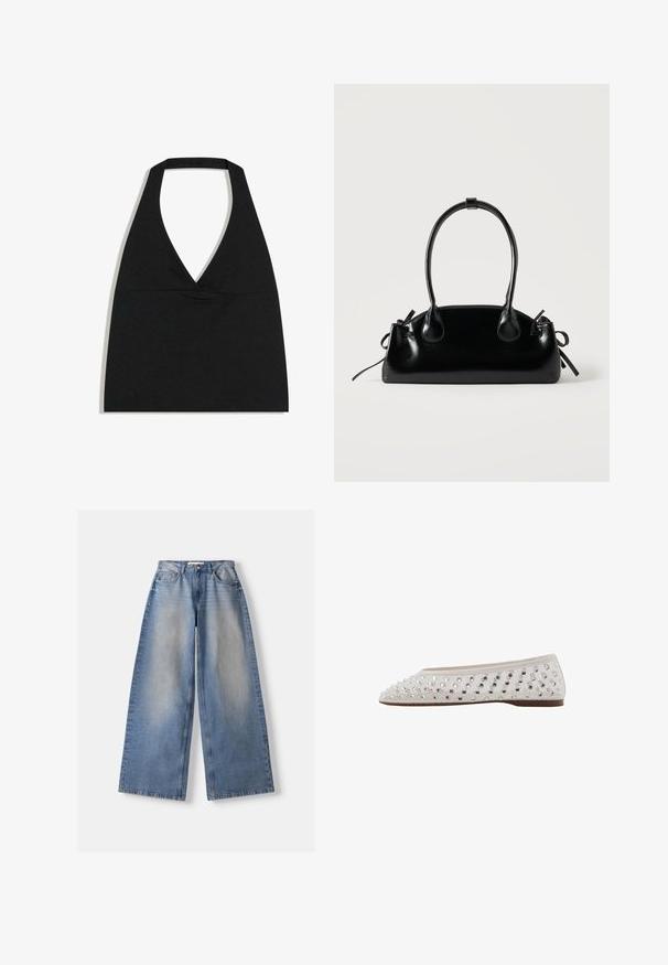 Haut court noir à col licou avec un profond décolleté en V et une large bretelle autour du cou sur fond blanc.; Jean bleu clair à jambes larges avec un devant délavé, style cinq poches, fermeture par bouton et fermeture éclair, posé à plat sur fond blanc.; Ballerines en tissu crème avec des paillettes argentées disposées en motif de points, bout rond et semelle brune basse. Dessus texturé pour une touche de détail supplémentaire.; Petit sac à main noir brillant avec deux longues anses et des détails à cordon sur les côtés sur un fond clair uni.
