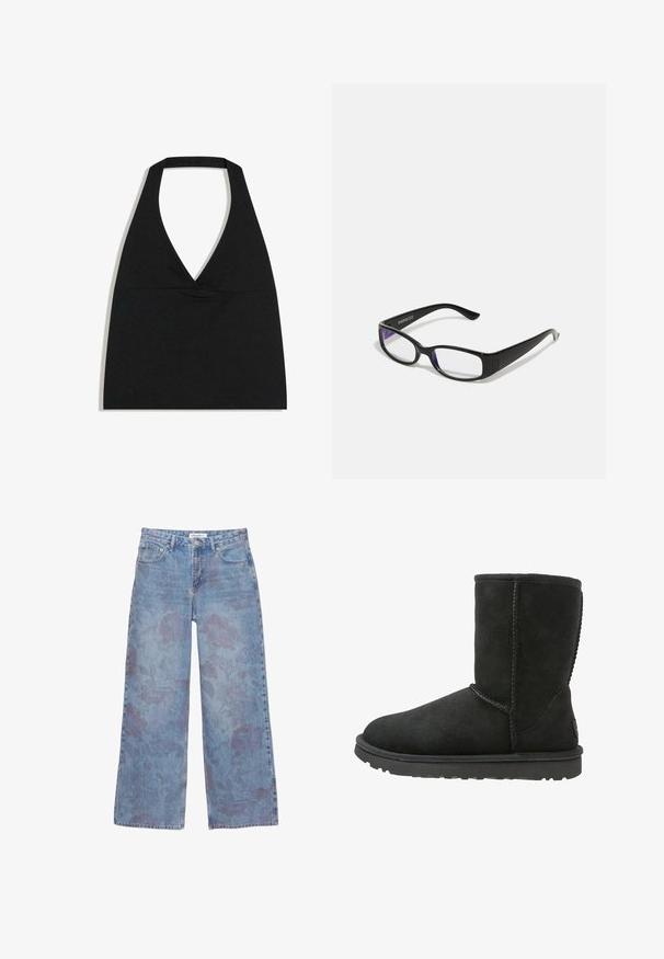 Čierny crop top s halter výstrihom do V s hlbokým výstrihom a širokým remienkom na krku na bielom pozadí.; Svetlomodré džínsy so širokými nohavicami s jemným kvetinovým vzorom, zapínaním na gombíky a zipsom vpredu a dizajnom s piatimi vreckami.; Čierne semišové členkové topánky s okrúhlym špičkou, prešívanými švami a plochou gumovou podrážkou. Vyznačujú sa jednoduchým dizajnom bez ozdôb.; Čierne obdĺžnikové okuliare s priehľadnými šošovkami. Lesklý povrch, úzke ramená a fialový nádych viditeľný na okrajoch šošoviek.