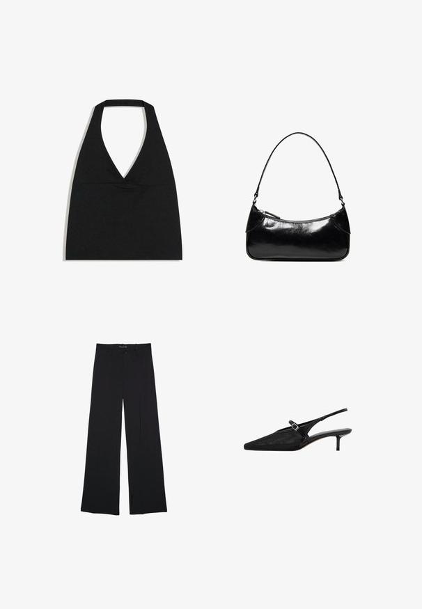 Sort halterneck crop top med dyb V-udskæring og bred nakkestrop mod en hvid baggrund.; Sorte bukser med vide ben, bæltestropper, knaplukning foran og lynlås, lagt fladt på en hvid baggrund.; Sorte slingback hæle med spidse tæer, tekstureret mesh-overdel, slank justerbar rem med sølvspænde og 5 cm stilettohæle.; Sort, blank skuldertaske i læder med et enkelt rum med lynlås og en tynd rem buet i en bueform.