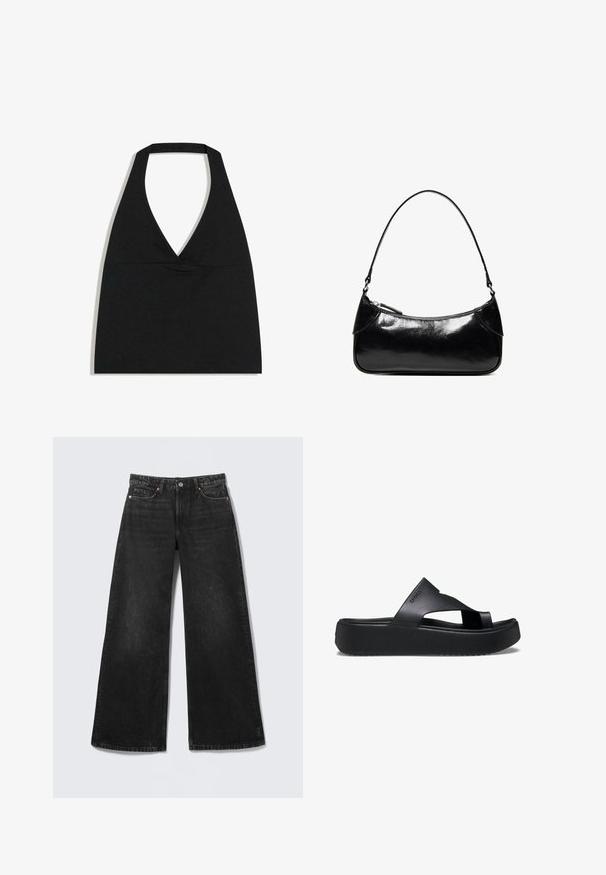 Schwarzes bauchfreies Top mit Neckholder und tiefem V-Ausschnitt sowie breitem Nackenriemen vor weißem Hintergrund.; Schwarze Jeans mit weitem Bein, fünf Taschen und Knopfverschluss, flach auf einem hellen Hintergrund dargestellt.; Schwarze Plattform-Flip-Flops mit einer strukturierten Gummisohle, die ein Kreuzriemen-Design und eine matte Oberfläche aufweisen. Das Markenlogo ist dezent an der Seite angebracht.; Schwarze, glänzende Lederschultertasche mit einem einzelnen Reißverschlussfach und einem dünnen, bogenförmig gebogenen Träger.