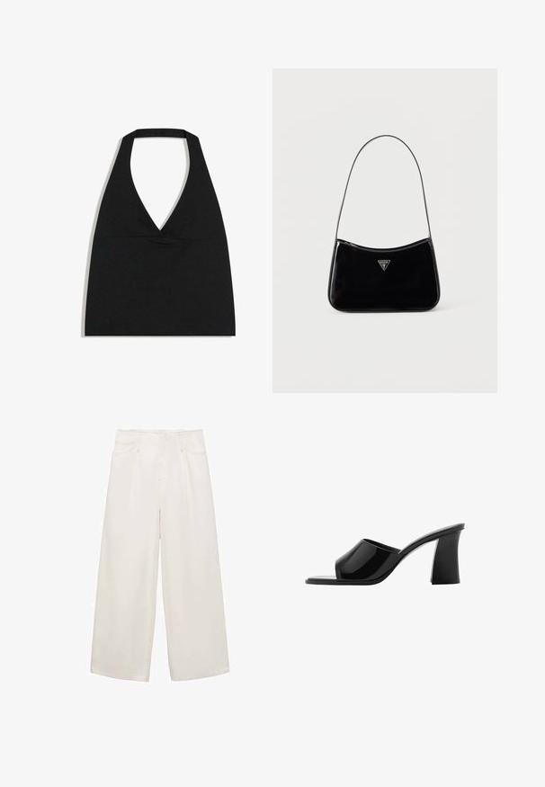 Čierny crop top s halter výstrihom do V s hlbokým výstrihom a širokým remienkom na krku na bielom pozadí.; Nohavice širokých nohavíc z béžového denimu. Majú štyri vrecká, púzdra na opasok a vysoký pás. Hladká textúra s čistým zakončením.; Čierne sandále s otvorenou špičkou a lesklým lakovaným povrchom, štvorcovou špičkou a dizajnom masívneho podpätku. Elegantný siluet a hladká textúra.; Čierna kabelka cez rameno z lakovanej kože s úzkym pásikom, trojuholníkovým logom Guess na prednej strane a horným zipsovým uzáverom.