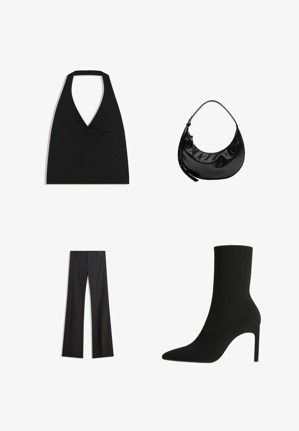 Čierny crop top s halter výstrihom do V s hlbokým výstrihom a širokým remienkom na krku na bielom pozadí.; Čierne rozšírené nohavice s hladkým povrchom, s priliehavým strihom a pásom. Bez viditeľných vzorov alebo ozdôb.; Čierne členkové topánky vyrobené z mäkkého semišu, s špicatou špičkou a vysokým ihlovým podpätkom. Minimalistický dizajn bez viditeľného hardvéru alebo vzorov.; Čierna kožená kabelka v tvare polmesiaca s krátkym remienkom a zapínaním na zips so stránkovou koženou pútkom.
