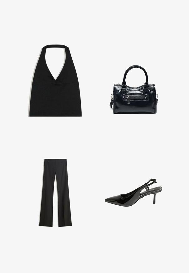 Zwarte haltercrop top met diepe V-halslijn en brede nekband tegen een witte achtergrond.; Zwarte, uitlopende broek met een gladde textuur, voorzien van een getailleerde pasvorm en een tailleband. Geen zichtbare patronen of versieringen.; Zwarte gepatineerde leren slingback pump met een spitse neus, slanke hak en een enkelbandje. Beschikt over een uitsnijdontwerp aan de zijkant.; Zwarte glanzende leren handtas met twee handvatten, voorvak met rits en afneembare schouderriem op witte achtergrond.