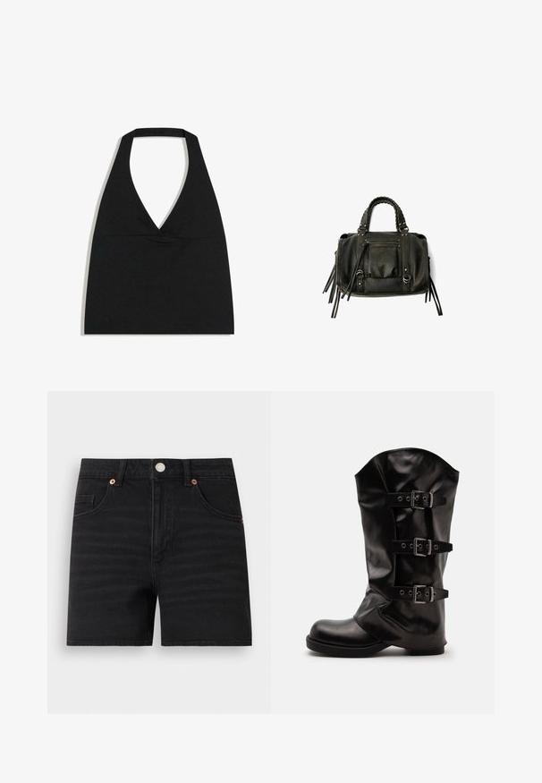 Schwarzes bauchfreies Top mit Neckholder und tiefem V-Ausschnitt sowie breitem Nackenriemen vor weißem Hintergrund.; Schwarze Denim-Shorts mit vorne liegendem Knopfverschluss, Gürtelschlaufen, zwei vorderen Taschen und einer kleinen Münztasche, flach auf weißem Hintergrund.; Schwarzer Lederstiefel bis zur Mitte der Wade mit rundem Zehenbereich und drei verstellbaren Riemen mit Metallschnallen an der Seite.; Schwarze Lederhandtasche mit geflochtenen Griffen, Reißverschlussfach und hängenden Quasten. Strukturiert Oberfläche mit Metallnieten und Hardware-Akzenten.