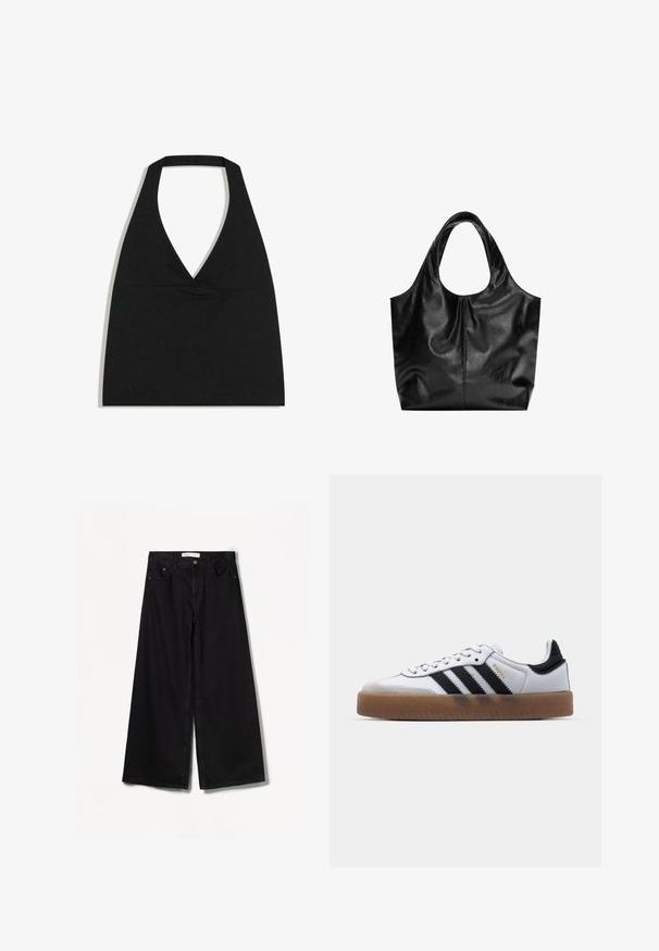 Čierny crop top s halter výstrihom do V s hlbokým výstrihom a širokým remienkom na krku na bielom pozadí.; Čierne široké džínsy vyrobené z denimu. Majú vysoký pás, predné a zadné vrecká a strieborné kovanie na zapínaní na gombík a zips.; Biele kožené tenisky s čiernymi pruhmi, gumová podrážka, okrúhla špička, šnurovanie a mäkký sivý semišový špička.; Čierna kožená taška s hladkým povrchom, mäkkým zaobleným vrchom a širokými rúčkami. Obsahuje minimálne švy a voľný siluetu.