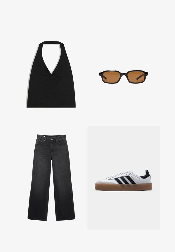Haut court noir à col licou avec un profond décolleté en V et une large bretelle autour du cou sur fond blanc.; Jean noir à jambes larges avec taille haute, fermeture à boutons et fermeture éclair à l'avant, passants pour ceinture et conception à cinq poches.; Baskets en cuir blanc avec des rayures noires, semelle extérieure en caoutchouc beige, bout rond, fermeture lacée et embout en suède gris doux.; Lunettes de soleil rectangulaires noires avec des montures épaisses et des verres teintés marron, vues de face sur un fond blanc.