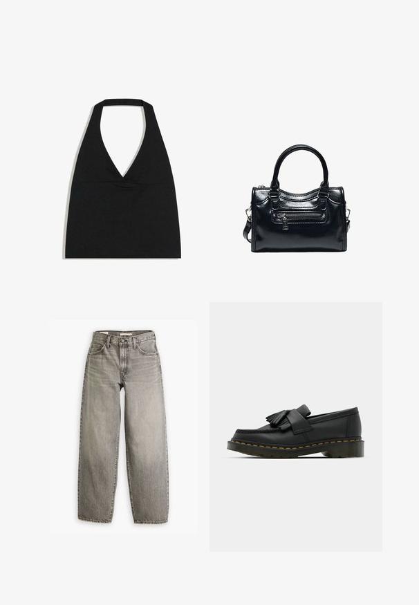 Zwarte haltercrop top met diepe V-halslijn en brede nekband tegen een witte achtergrond.; Lichtgrijze wide-leg jeans met een hoge taille, vijf zakken en opvallende stiksels. Heeft een vervaagde textuur en een ruwe zoom aan de onderkant.; Zwarte leren loafers met een ronde neus, voorzien van een franjesdetail en een decoratieve band aan de voorkant, geplaatst op een chunky hak.; Zwarte glanzende leren handtas met twee handvatten, voorvak met rits en afneembare schouderriem op witte achtergrond.