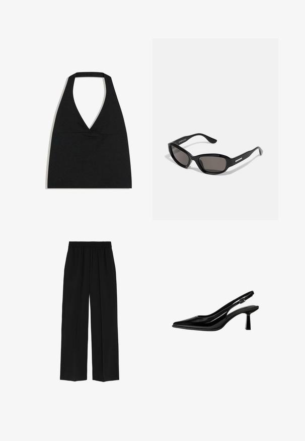 Sort halterneck crop top med dyb V-udskæring og bred nakkestrop mod en hvid baggrund.; Marks & Spencer WIDE LEG - Bukser - black; Sort laklæder slingback pump med spids tå, mellemhøj blokhæl og justerbar spænde rem på hvid baggrund.; Sorte solbriller med rektangulært stel, mørke linser, glat plastmateriale og en metalaccent på templet.