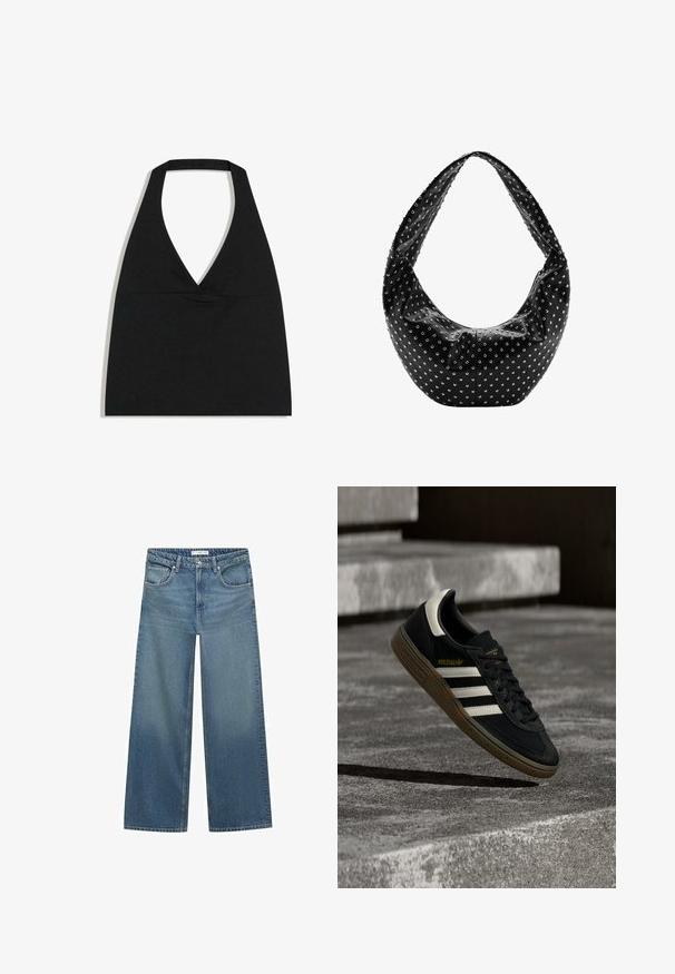 Čierny crop top s halter výstrihom do V s hlbokým výstrihom a širokým remienkom na krku na bielom pozadí.; Svetlomodré široké džínsy vyrobené z denimu, s pásom strednej výšky, dvoma prednými vreckami a klasickými prešívacími detailmi.; Čierna teniska značky Adidas s bielymi pruhmi a gumovou podrážkou vznášajúca sa nad sivými betónovými schodmi za prirodzeného svetla.; Čierna kožená kabelka s mäkkým tvarom, ozdobená striebornými cvočkami a širokým ramenným popruhom. Hladká textúra s riaseným dizajnom.