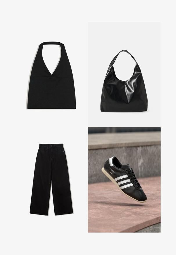 Čierny crop top s halter výstrihom do V s hlbokým výstrihom a širokým remienkom na krku na bielom pozadí.; Čierne, široké džínsy z denimu s vysokým pásom, obsahujúce dizajn s piatimi vreckami a jedným gombíkom na zapínanie vpredu.; Čierna kožená teniska s bielymi pruhmi a podrážkou, zaviazaná šnúrkami, vznášajúca sa nad ružovkastým betónovým povrchom s sivou kamennou stenou v pozadí.; Čierna kožená hobo taška s jemnou, lesklou textúrou a zaobleným, otvoreným vrchom. Obsahuje široký, zakrivený popruh na nosenie. Žiadne viditeľné kovanie.