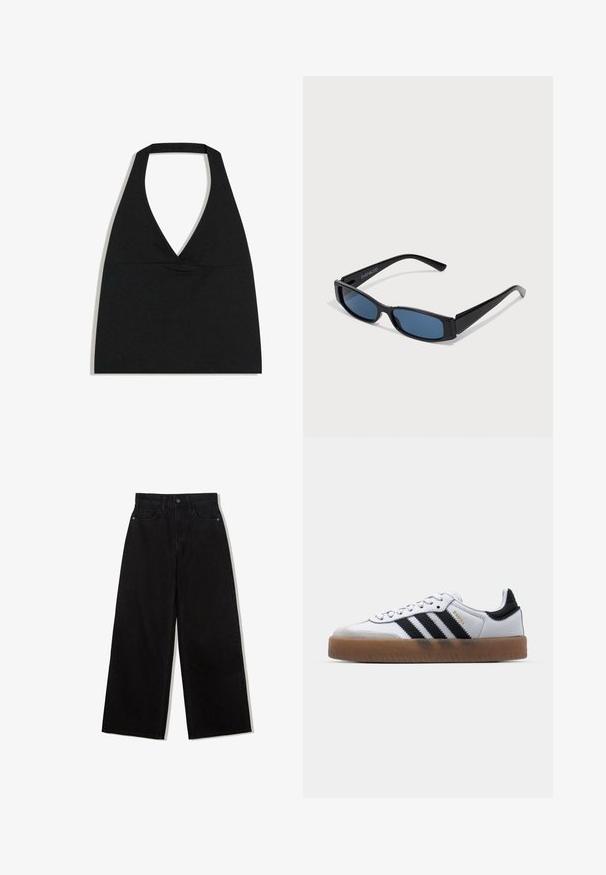 Čierny crop top s halter výstrihom do V s hlbokým výstrihom a širokým remienkom na krku na bielom pozadí.; Čierne, široké džínsy z denimu s vysokým pásom, obsahujúce dizajn s piatimi vreckami a jedným gombíkom na zapínanie vpredu.; Biele kožené tenisky s čiernymi pruhmi, gumová podrážka, okrúhla špička, šnurovanie a mäkký sivý semišový špička.; Čierne slnečné okuliare s elegantným obdĺžnikovým rámom a modrými sklami. Majú hladký povrch a robustné ramienka. Na strane je logo značky.