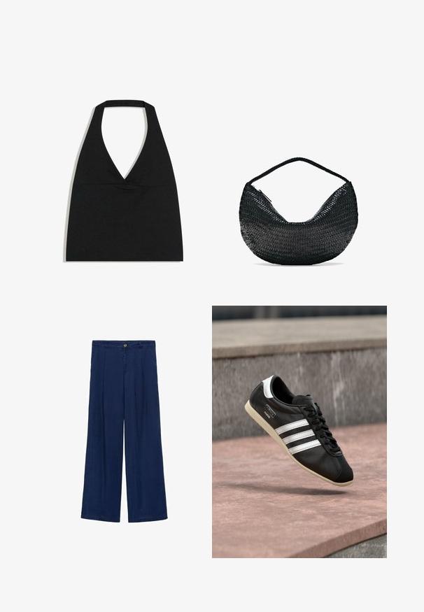 Sort halterneck crop top med dyb V-udskæring og bred nakkestrop mod en hvid baggrund.; Marineblå vide benbukser med knaplukning, to for-pleats og en glat tekstur. Stoffet virker let og åndbart.; Sort lædersneaker med hvide striber og sål, snøret, svævende over en rosa betonoverflade med en grå stenvæg i baggrunden.; Sort vævet lædertaske i halvmåneform med en enkelt flettet hank og lynlås øverst.